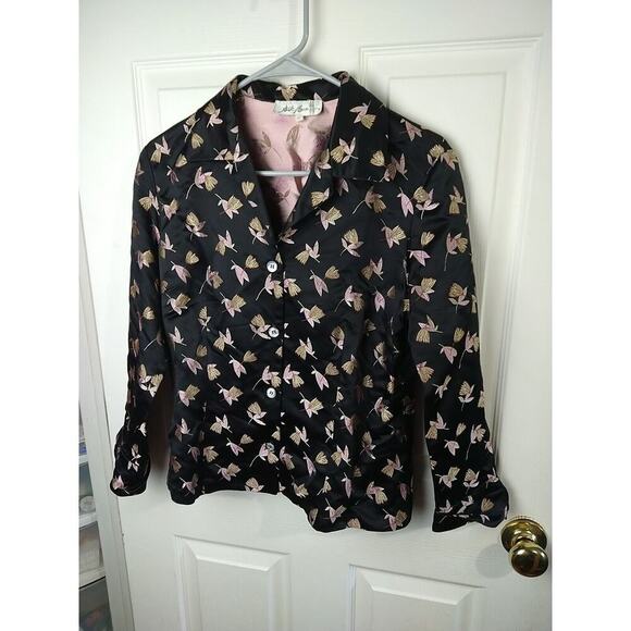 Silk Box Hummingbird  Silk Blend Black Long Sleeve Slit Button Shacket. Size 6 - Picture 2 of 11